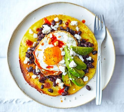 Egg, beans, and avocado tostada