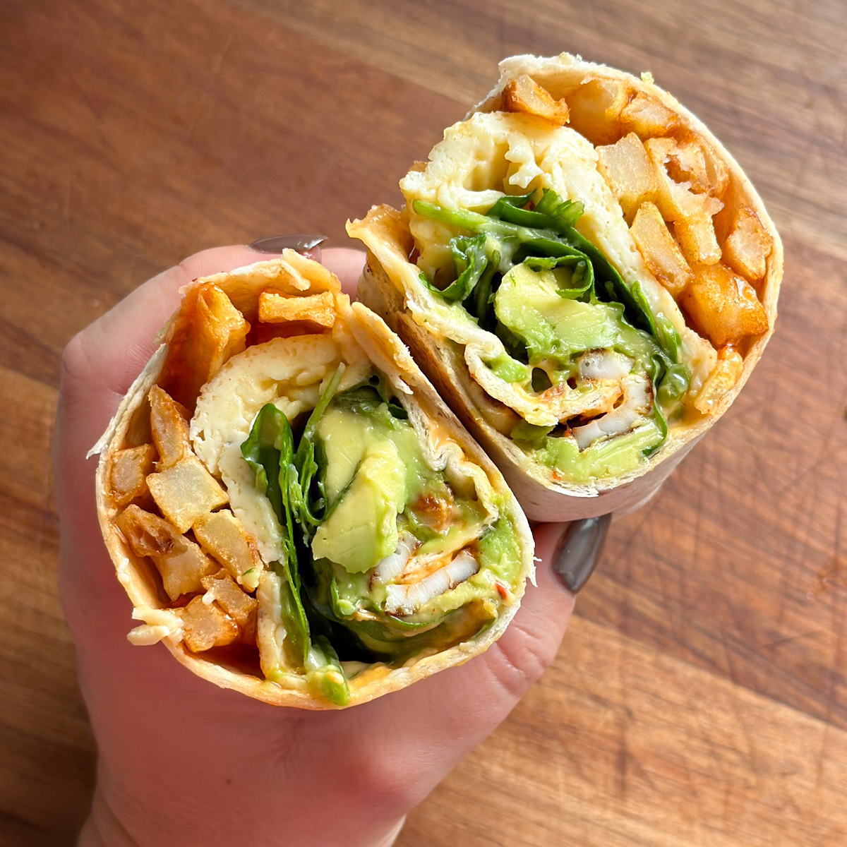 Avocado and fries breakfast burrito