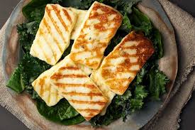 Grilled halloumi cheese with greens