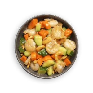 Shrimp, carrot, cucumber and cashew dish
