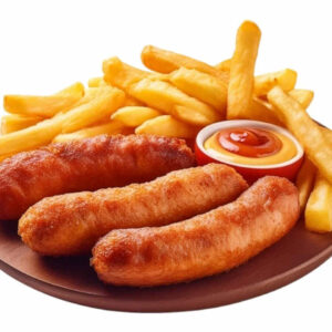 Sausages, chips, and sauce.