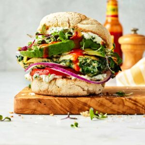 Vegetable breakfast sandwich on bun