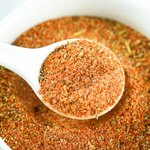 Spice blend in white bowl.