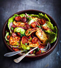 Grilled halloumi salad with chorizo